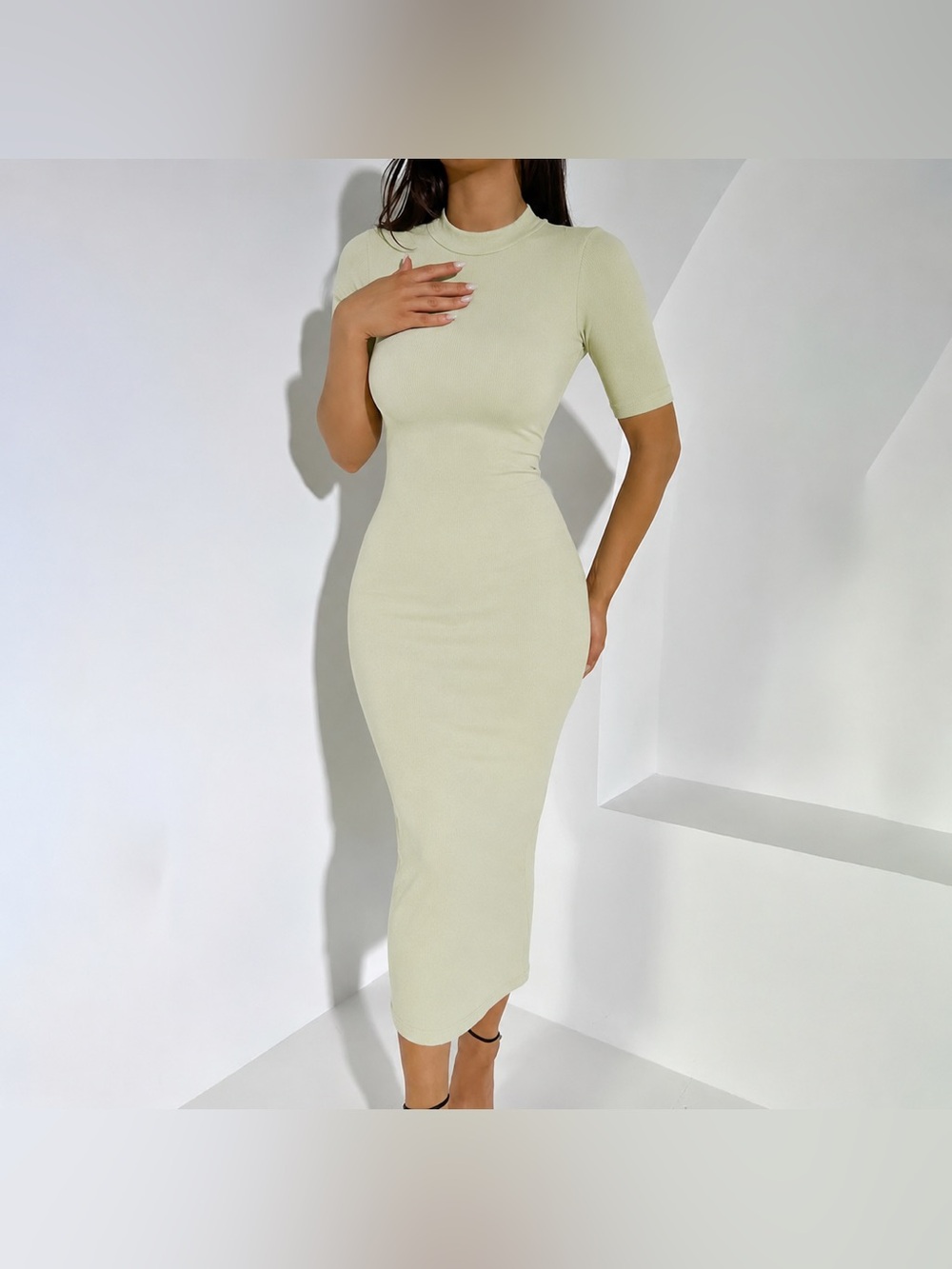 Weekday Vera Mockneck ribbed midi dress in pale sage green